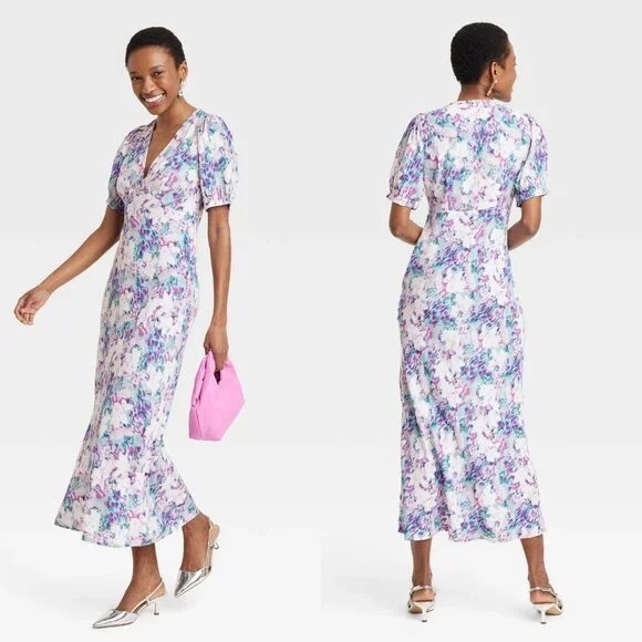 Floral Watercolor V-Neck Midi Dress - Picture 1 of 6